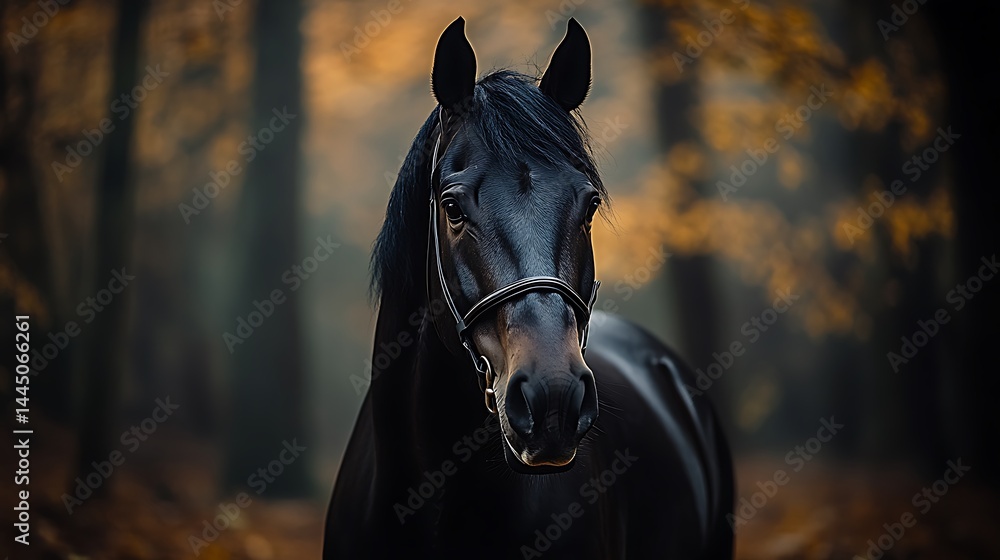 Obraz premium Majestic black horse in autumnal woods