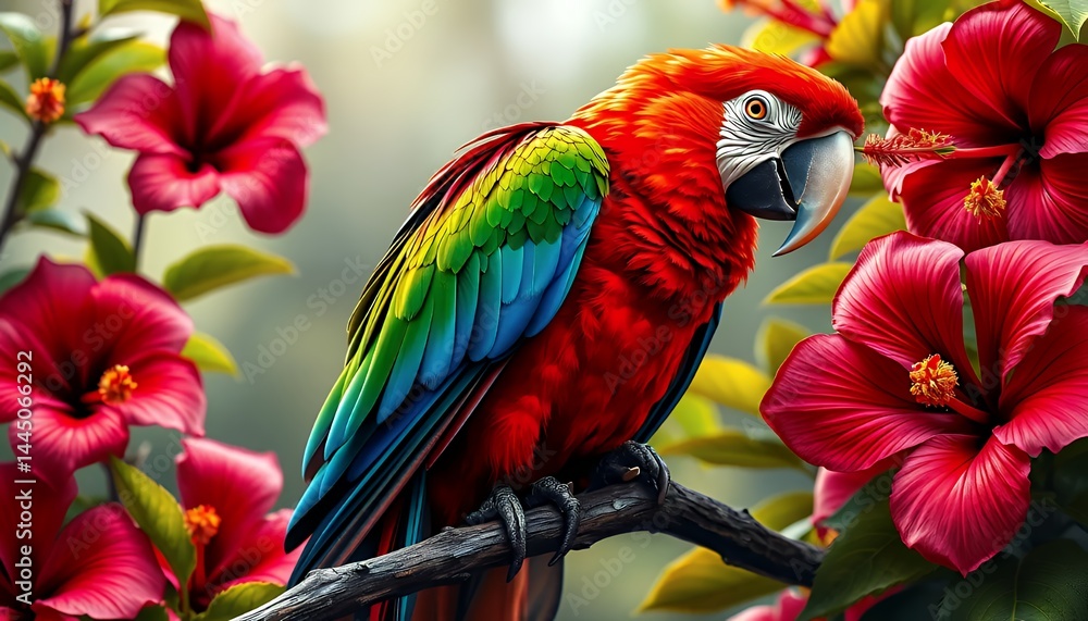 Obraz premium Vibrant Scarlet Macaw Perched Amidst Red Hibiscus Blooms Showcasing Detailed Plumage in Tropical Floral Backdrop