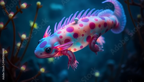 Delightful Pink and Blue Spotted Axolotl Swimming in a Soft Dark Blue Aquatic Environment with Aquatic Plants Featuring Cute Features and Delicate Details