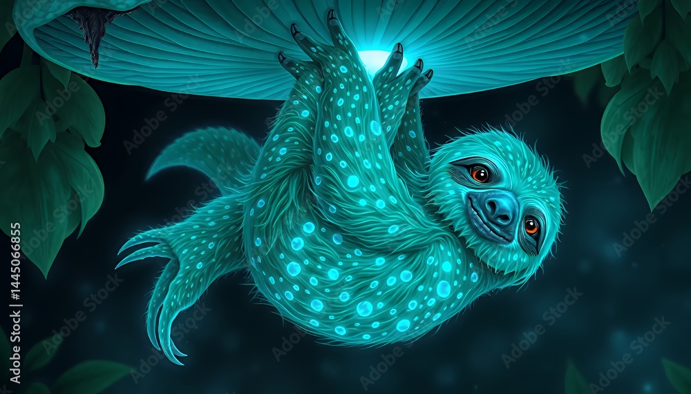 Glowing Bioluminescent Sloth Hanging From Mushroom in a Dark Forest Pixel Art Style for Earth Day Celebration with Cyan light and Lush Foliage Digital Illustration