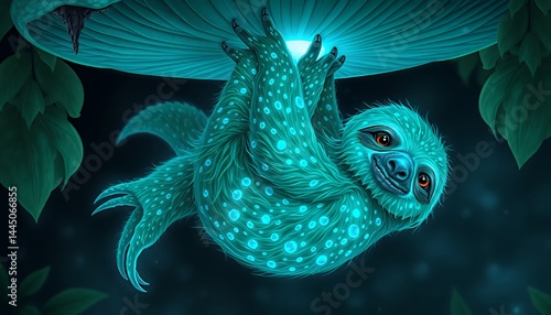 Obraz na płótnie Glowing Bioluminescent Sloth Hanging From Mushroom in a Dark Forest Pixel Art Style for Earth Day Celebration with Cyan light and Lush Foliage Digital Illustration w salonie