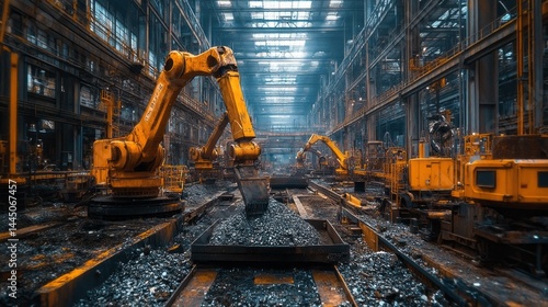 State-of-the-art robotic technology sorts and processes rare metal ores within a large industrial plant. The vibrant yellow machinery operates in a spacious environment filled with raw materials
