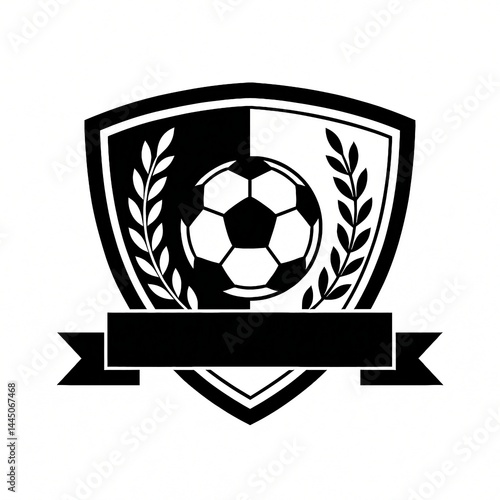 Black and White Soccer Logo with Shield, Ball, Laurel, and Blank Ribbon