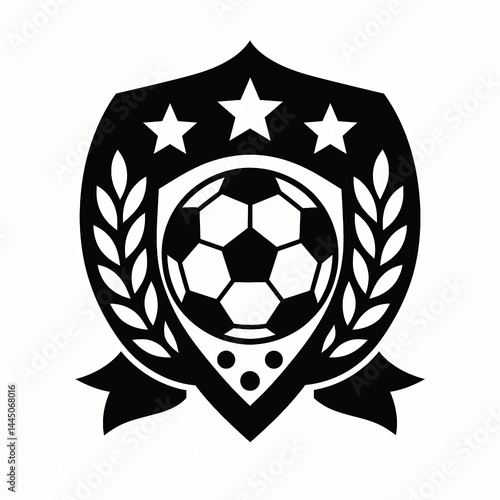 Black and White Soccer Logo with Shield, Ball, and Laurel Decorations