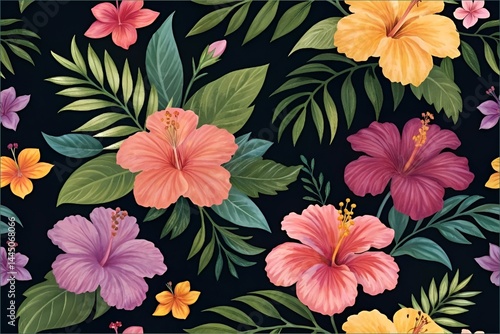 Vibrant Tropical Hibiscus Floral Pattern on Black Background
