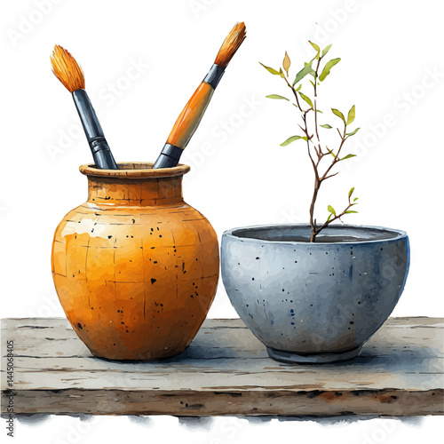Calligraphy Ink Bottle With Brush Holder, watercolor vector, isolated on a white background.