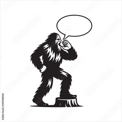 Black and white silhouette of Bigfoot (Yeti) standing on a stump, shouting with a comic-style empty speech bubble above