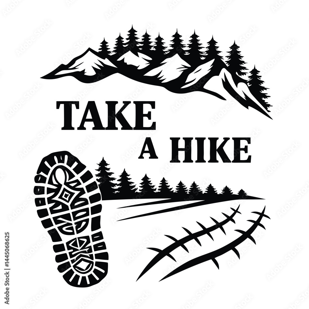 Nature Silhouette with Mountain Peaks, Coniferous Trees, Footprint & Scratches Nature Silhouette with Mountain Peaks, Coniferous Trees, Footprint & Scratches