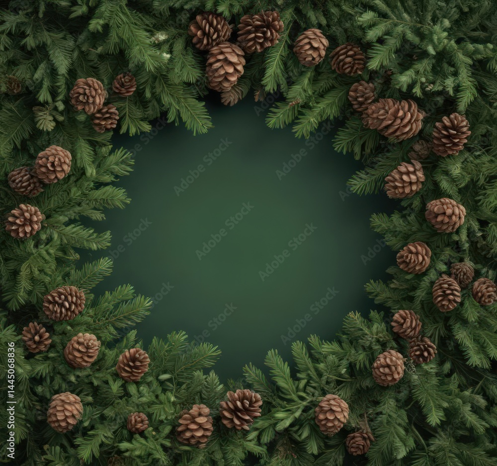 Fototapeta premium Deep green fir boughs and textured pine cones create a lush Christmas frame , evergreen, design, texture