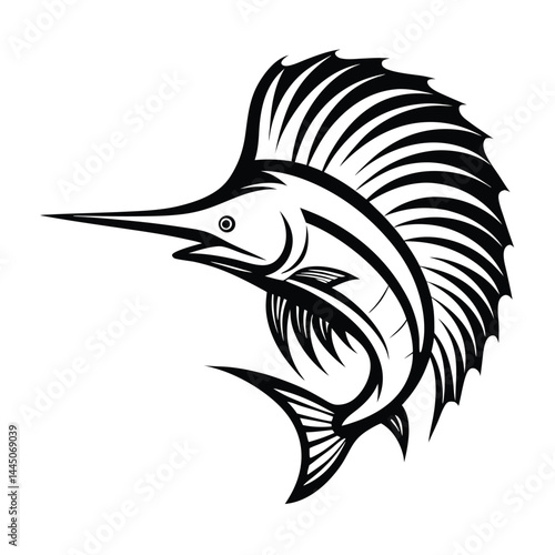 Silhouette of a Black Marlin Fish with Distinctive Bill and Fin Isolated on White