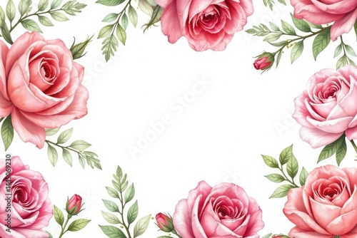 Delicate watercolor roses & leaves, repeating pattern , background, nature