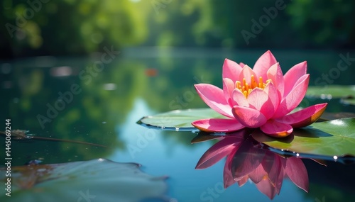 Intricate floral design reflected on serene lake surface, botanical pattern, summer, pond
