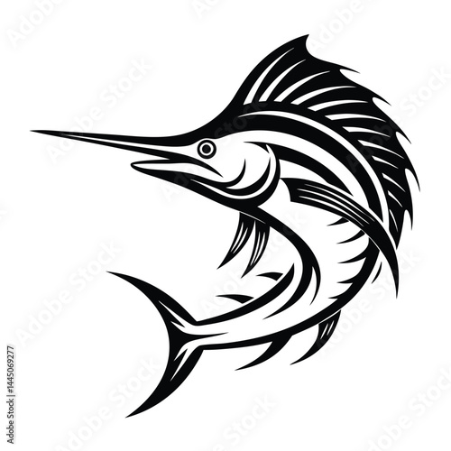Black And White Stylized Marlin Fish Swimming Gracefully, Isolated On White Background