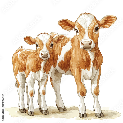 Calf Standing Near Its Mother, vector watercolor illustration, isolated on a white background.