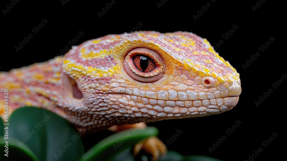 Obraz premium Close-up of a colorful lizard. A vibrant, small lizard, showcasing a striking pattern of orange, pink, and yellow scales. Its eye is prominent and its scales are detailed.