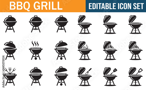 Silhouette of Grill Icons in Black and White - BBQ and Cooking Symbols