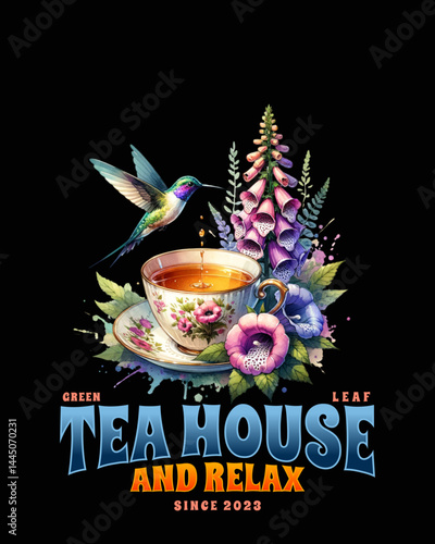 Hummingbird Tea House Design: A vibrant illustration showcases a hummingbird hovering over a delicate teacup nestled amongst foxgloves and other wildflowers.