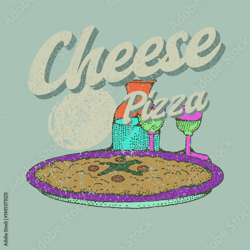 A Savory Pizza with Cheese: A mouthwatering illustration showcasing a delicious cheese pizza with perfectly cooked toppings on a elegant plate.
