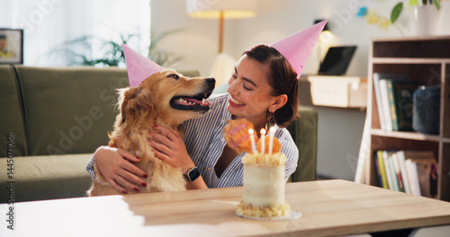 Photography Birthday, candles and woman with cake for dog for celebration, surprise and party together