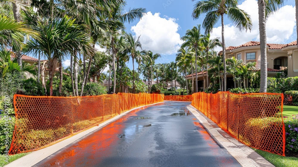Damaged road blocked by orange safety fence in upscale residential neighborhood after storm.