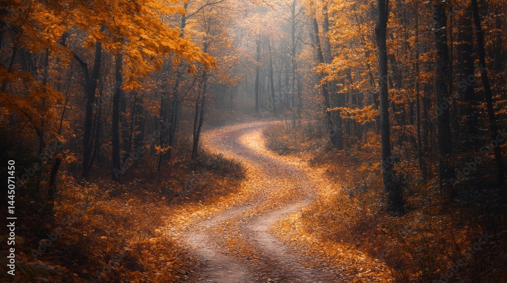 Fototapeta premium A winding forest path, where the golden autumn leaves swirl in the wind, 