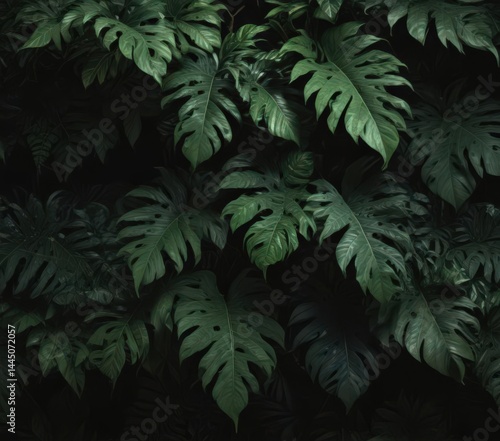 Deep shadows accentuate the rich, dark green of intertwined tropical leaves and vines against a black backdrop , nature, backdrop