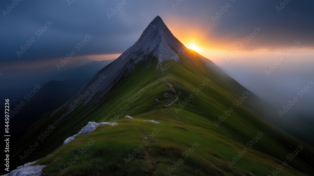Fototapeta premium Majestic mountain peak bathed in golden sunset light. Misty valley below
