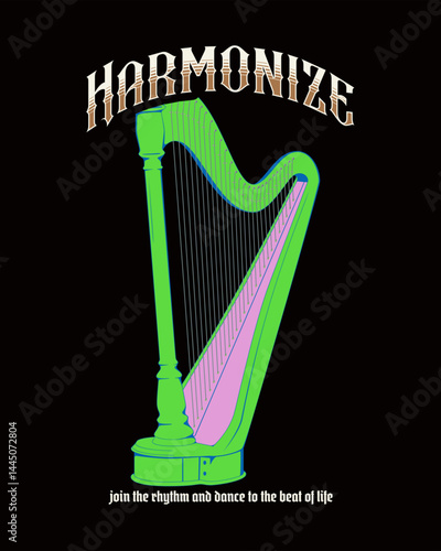 Harmonious Harp: A stylized image of a vibrant green harp, exuding tranquility and artistic beauty. The harp, meticulously crafted, resonates with the essence of melody and rhythm.