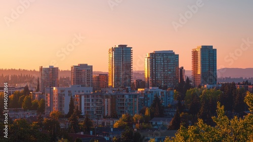 Tall buildings in the city during a beautiful sunset