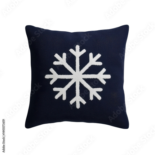Cozy decorative square pillow with navy blue fabric and large white snowflake pattern for winter holiday decor and seasonal home accents on transparent background