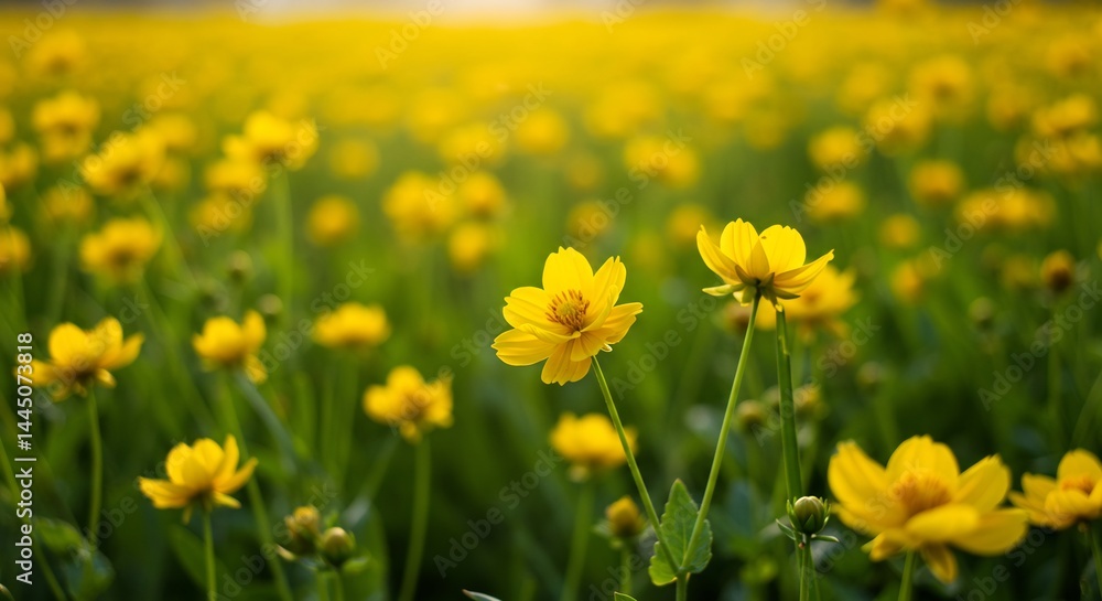 Fototapeta premium 黄金色の花畑 夕日輝く 穏やか風景