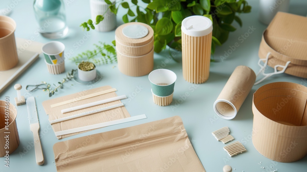 Eco-Friendly Packaging Materials and Natural Elements on Table Eco-Friendly Packaging Materials and Natural Elements on Table