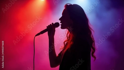 A woman singer on stage, silhouetted by colored smoke holding a microphone singing