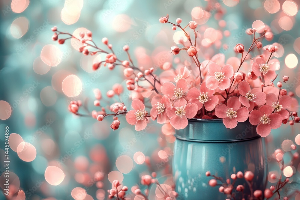 Delicate pink blossoms in a teal vase against a bokeh background.