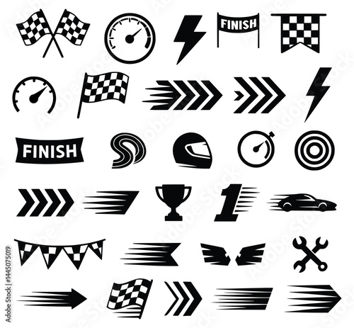 Racing Icon Set Black and White Vector