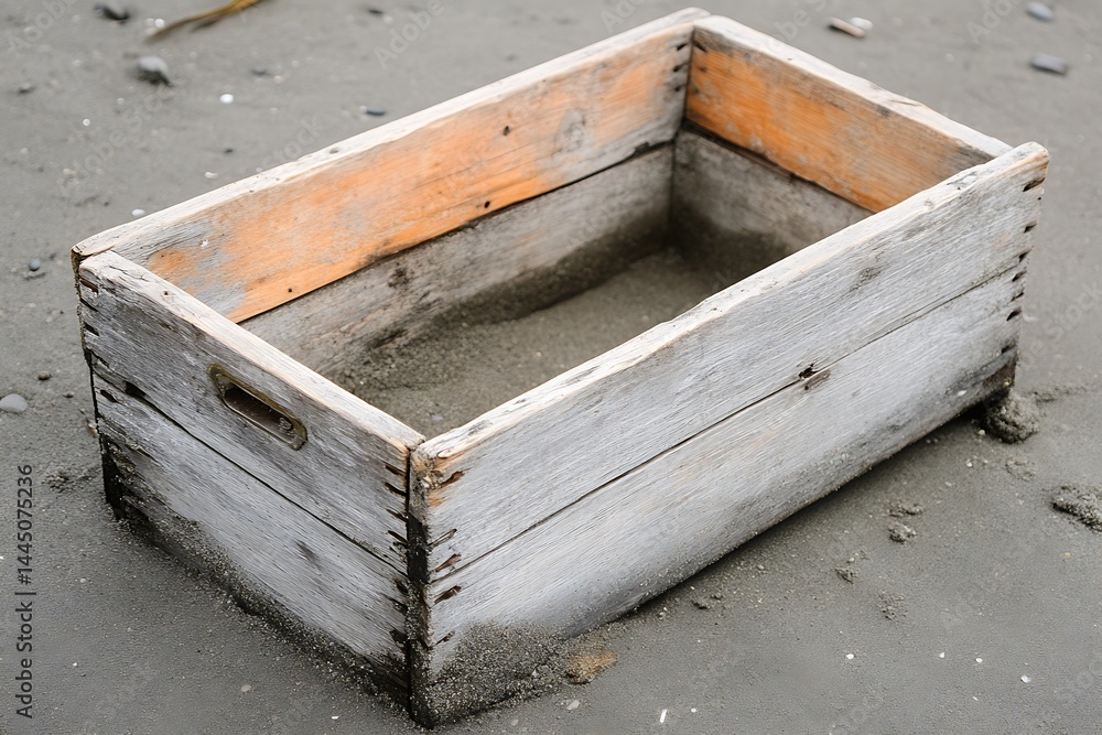 Weathered wooden crate sits empty on beach sand Weathered wooden crate sits empty on beach sand