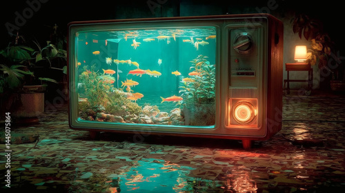 Retro television filled with colorful fish creating vibrant aquarium