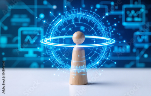 A wooden figure stands illuminated by a futuristic, glowing orb, symbolizing digital transformation and data-driven insights within a complex technological landscape.