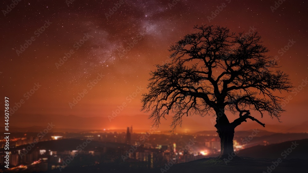 Crimson night sky with solitary tree and glowing city in celestial landscape Crimson night sky with solitary tree and glowing city in celestial landscape