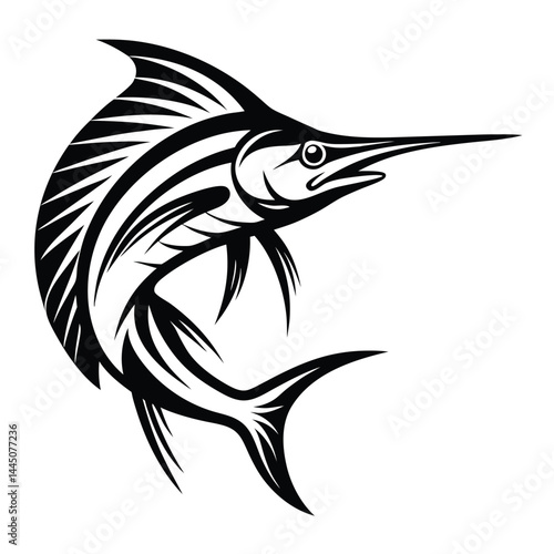 Marlin Fish Monochrome Silhouette, Leaping Swordfish Art, Ocean Wildlife Icon Symbol