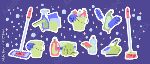 Cartoon Color Different Cleaning Supplies Stickers Set Housework Concept Flat Design Style. Vector illustration of Brush, Cloth, Wiper, Scoop, Washing Sponge and Detergent Bottle