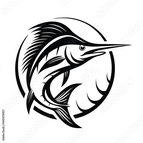 Black Marlin Silhouette in Circle | Leaping Swordfish Isolated on White Background