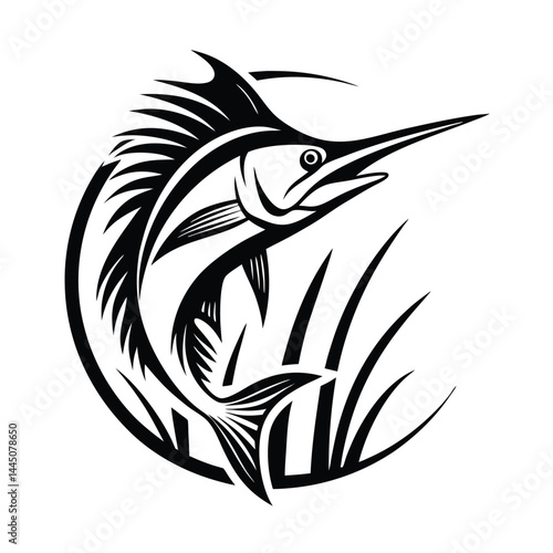 Abstract Marlin in Black and White. Minimalist Design. Fish Icon