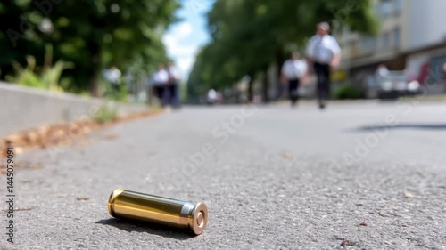 Spent bullet casing on urban street highlights police investigation, crime scene tension, and law enforcements urgent response to ensure safety.