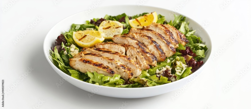 Grilled chicken salad with lemon slices and mixed greens. Grilled chicken salad with lemon slices and mixed greens.