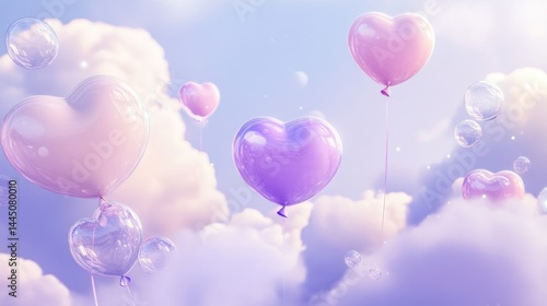 Fototapeta Naklejka Na Ścianę i Meble -  Heart-shaped balloons floating amidst clouds and bubbles in a soft pastel sky
