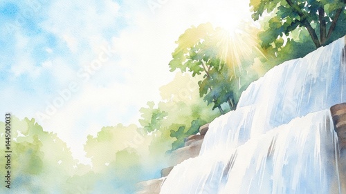 Serene watercolor waterfall scene with a distant atmosphere, perfect for tranquil settings.