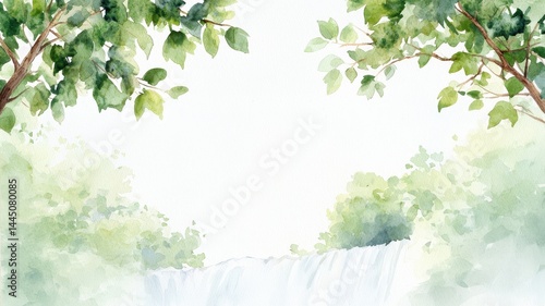 Fototapeta Naklejka Na Ścianę i Meble -  A serene watercolor waterfall scene with a dreamy atmosphere, perfect for nature-themed projects.