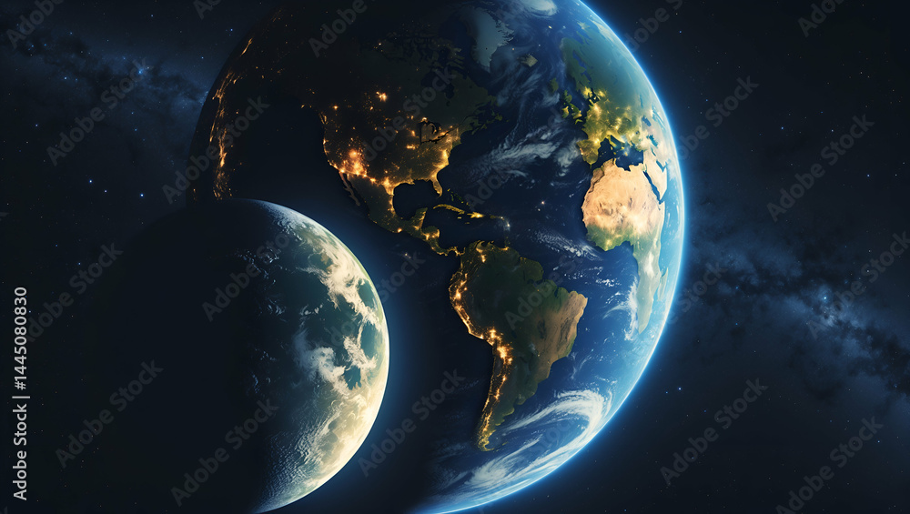 Naklejka premium Earth and Moon Seen from Space in Realistic Detail.