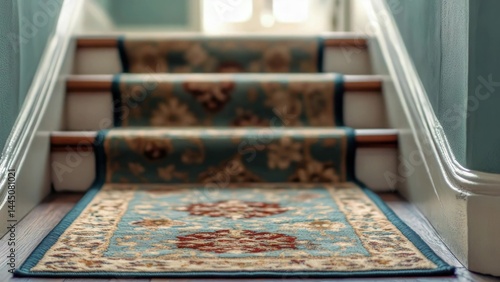 Obraz na płótnie A domestic interior scene featuring a carpeted stairway with a blue runner and walls w salonie